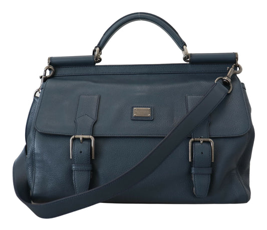 Dolce & Gabbana Blue Leather Logo Plaque Men Travel Work Bag